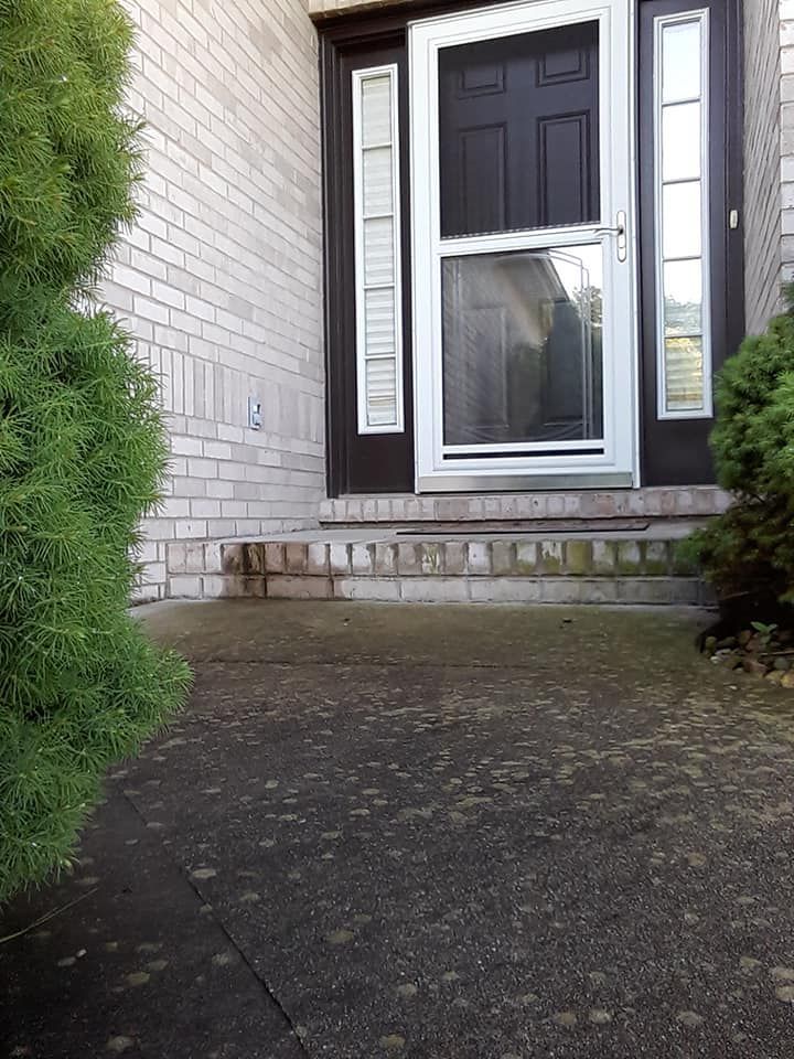 Front walkway with algae and dirt stains
