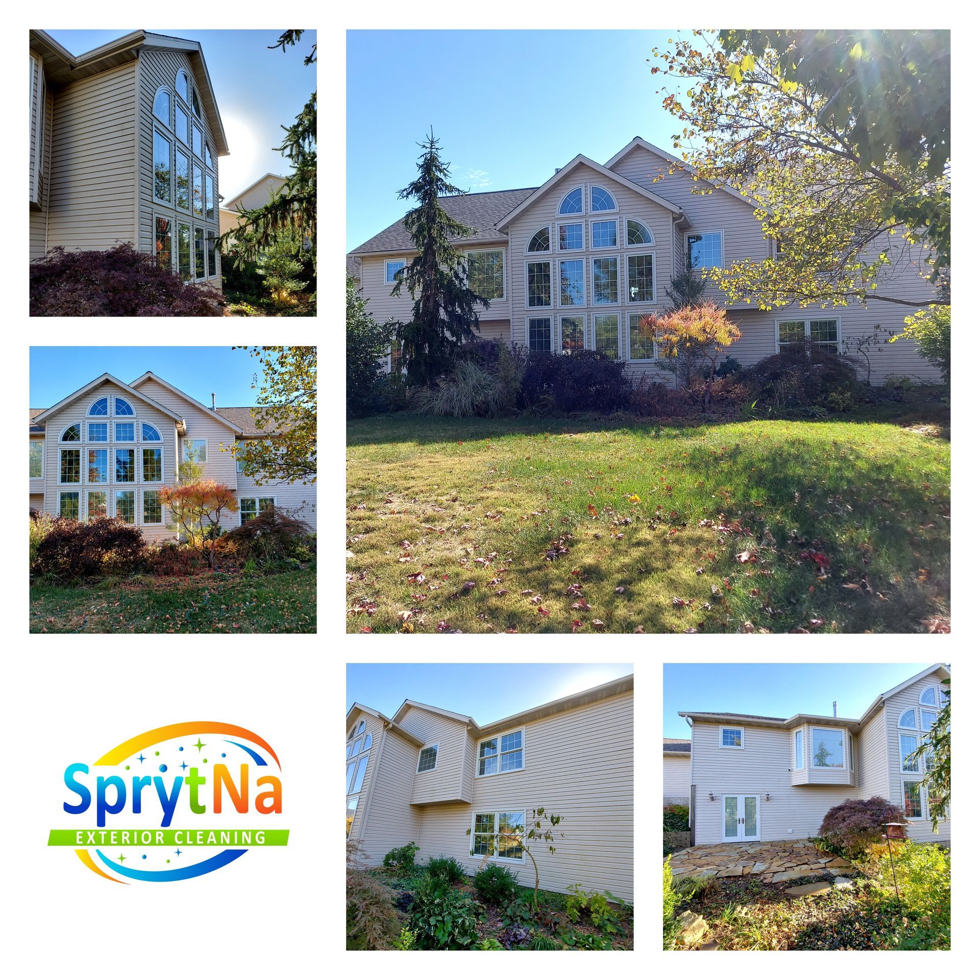 SprytNa Exterior Cleaning washing exterior windows on a very tall house