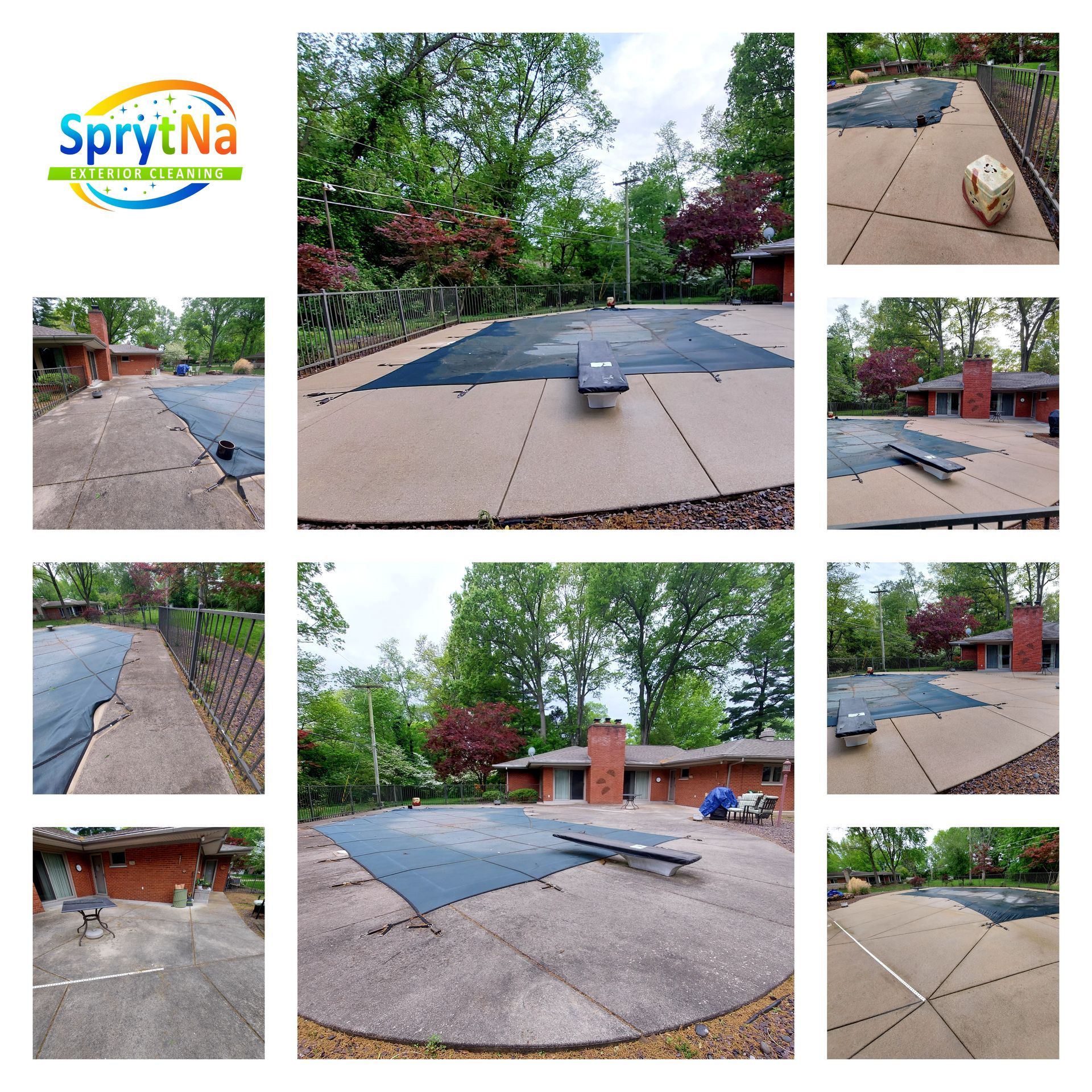 Dirty and Clean Pool Deck after pressure washing