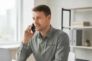 Man on phone in an office setting, looking focused, wearing a grey shirt, with a laptop nearby and shelves in the background.