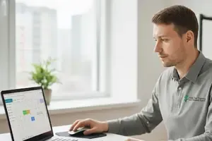 Man in gray shirt working on a laptop at a desk near a window.