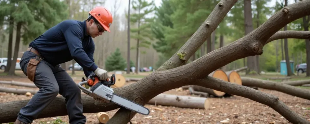 Arborist with chainsaw trimming tree in Lafayette LA