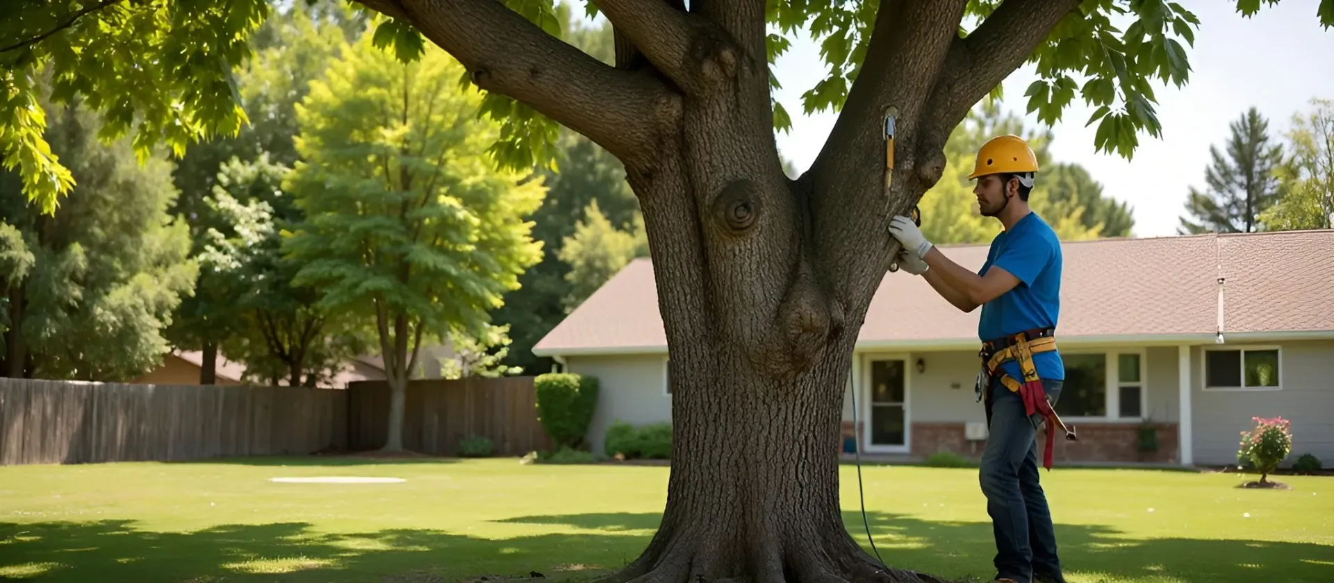 Oahu  arborist inspecting damaged backyard tree