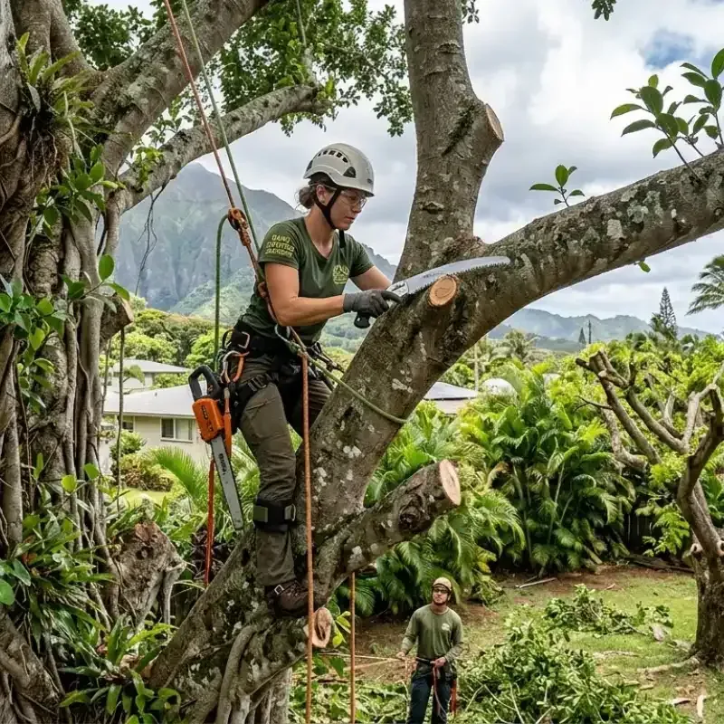 Certified arborist performing structural tree pruning in Oahu Hawaii to improve branch stability and prevent storm damage