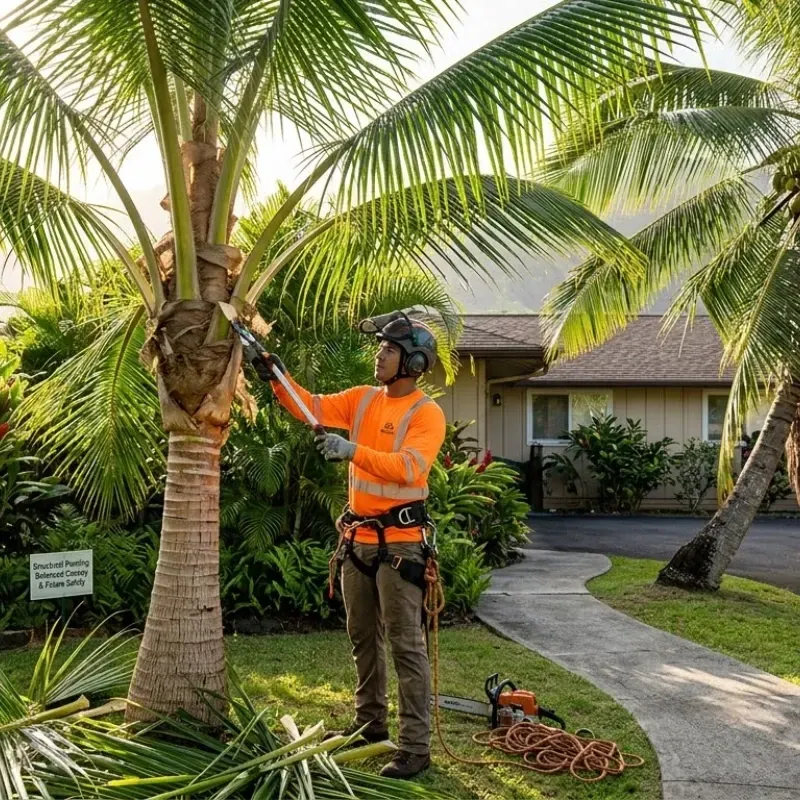 Certified arborist performing structural tree pruning in Oahu to improve tree health, balance canopy, and prevent storm damage