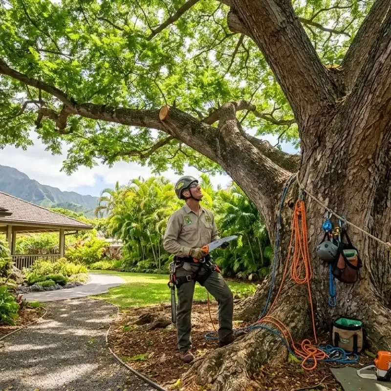 Certified arborist pruning a tree in Oahu, Hawaii, promoting healthy trees and safe landscapes with expert tree care