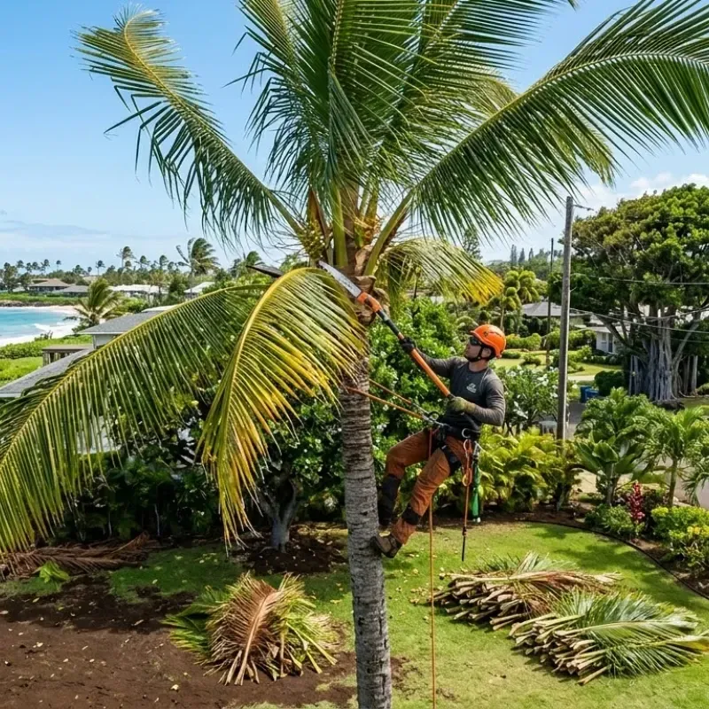 Coconut palm pruning schedule in Hawaiʻi tropical climate for healthy tree maintenance