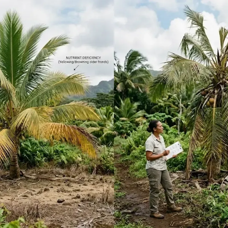 Coconut palm yellowing fronds in Hawaiʻi showing nutrient deficiency symptoms vs fungal disease damage