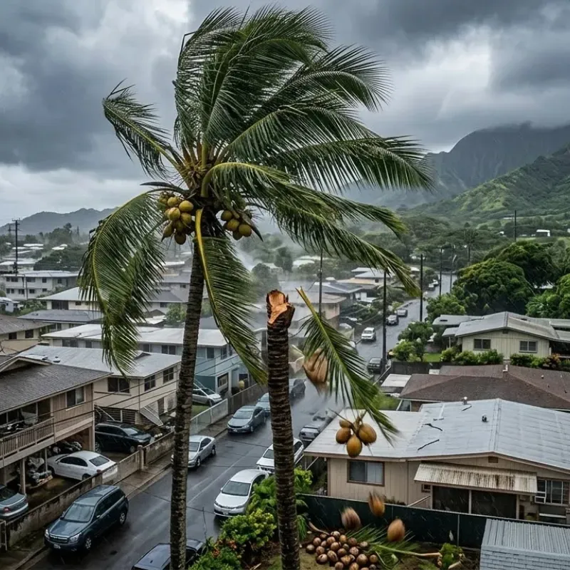 Coconut tree in Honolulu showing heavy crown growth and wind stress from Hawaii’s tropical climate conditions
