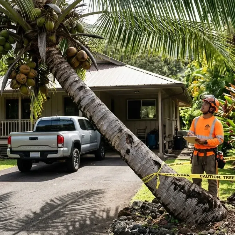 Coconut tree removal in Oahu due to leaning, decay, and proximity to homes, emphasizing safety and risk management over appearance.