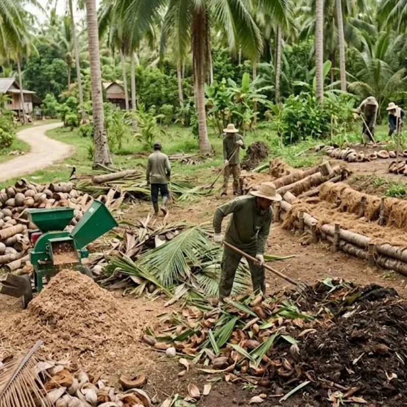 Coconut tree removal waste sorted for mulch, compost, and soil improvement in sustainable landscaping practices in the Philippines