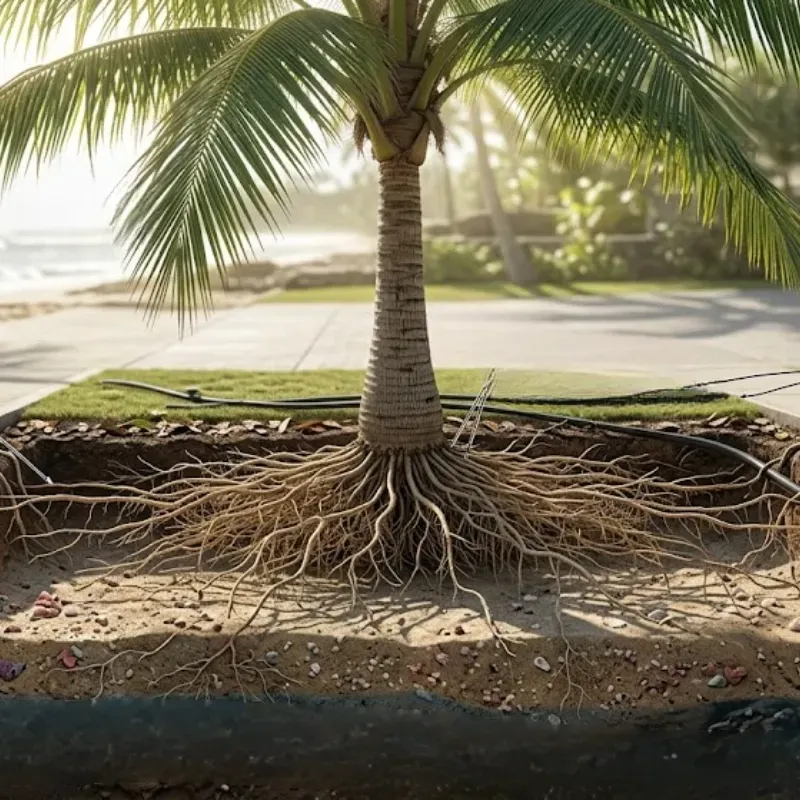 Coconut tree root structure diagram showing fibrous shallow roots spreading in sandy coastal soil in Oahu, Hawaii