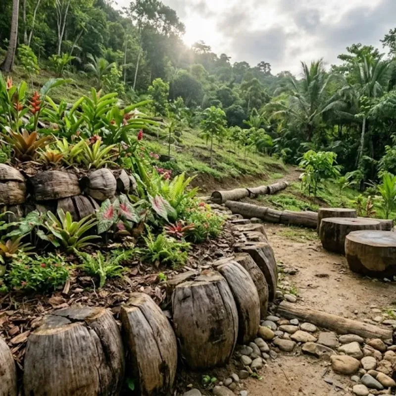 Coconut tree trunk sections reused as rustic garden edging and planter borders in a tropical residential landscape