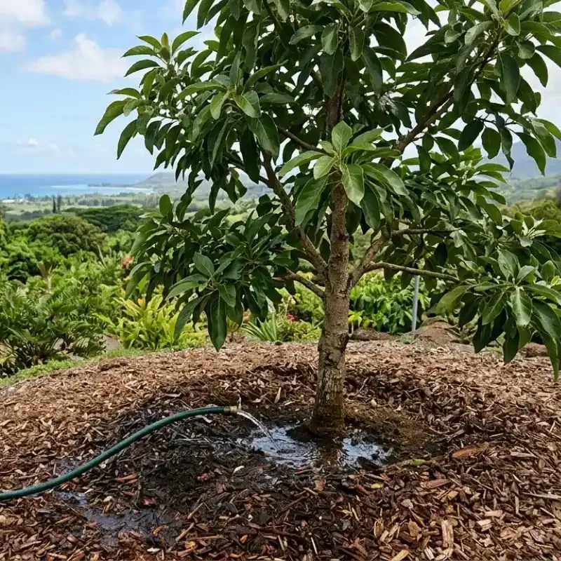 Deep watering tree at dripline in Hawaii using slow hose method for healthy root growth