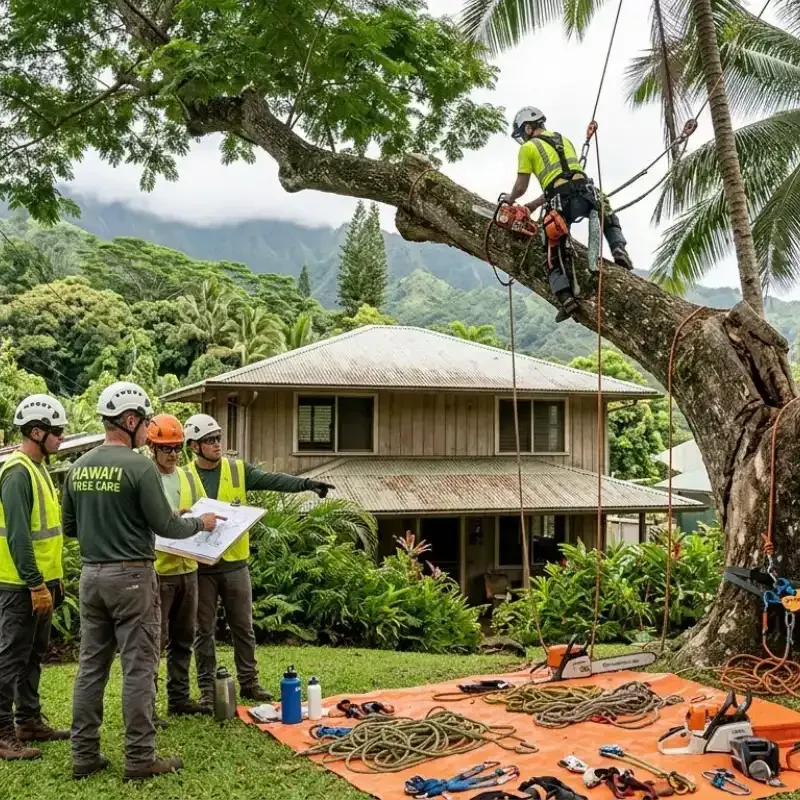 Experienced arborist performing high-risk tree removal in Oahu with safety gear, demonstrating disciplined preparation and knowledge of local Hawaiian tree species