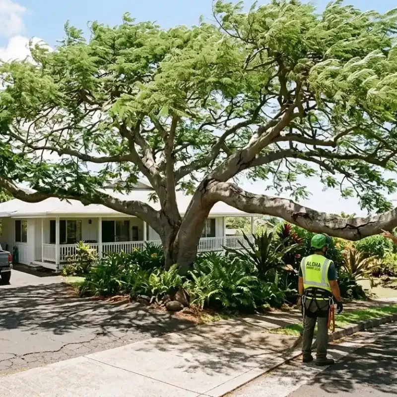 Fast-growing albizia, African tulip, and banyan trees in Hawaii showing structural weakness with long limbs prone to breaking due to rapid growth and high humidity conditions.