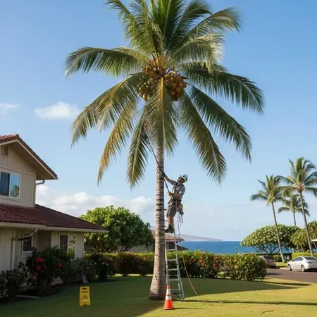 Hawaii homeowner trimming dangerous coconut tree