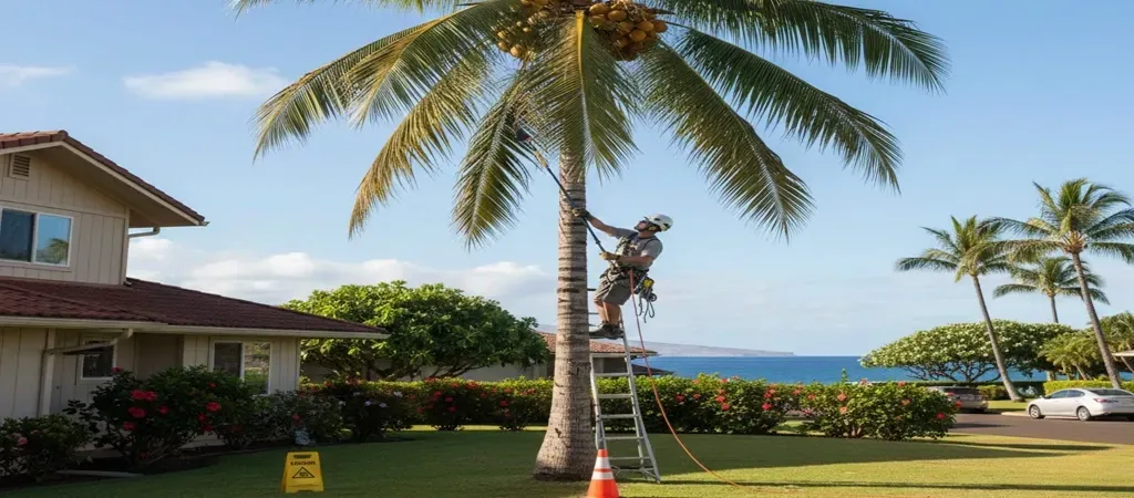 Hawaii homeowner trimming dangerous coconut tree