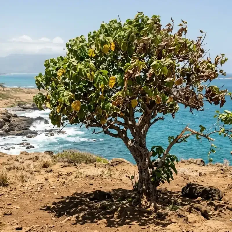 Hawaii tropical climate heat stress effects on trees in Honolulu HI, showing sun exposure, humidity buildup, coastal salt air damage, and weakened branches from rapid growth cycles