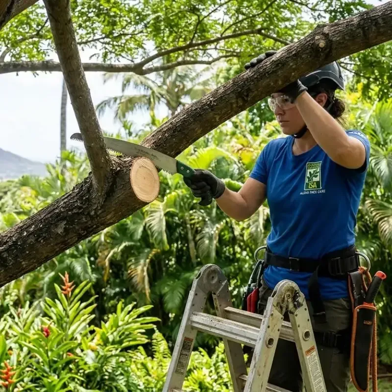 ISA arborist performing proper tree pruning in Oahu Hawaii to prevent decay and promote healthy regrowth