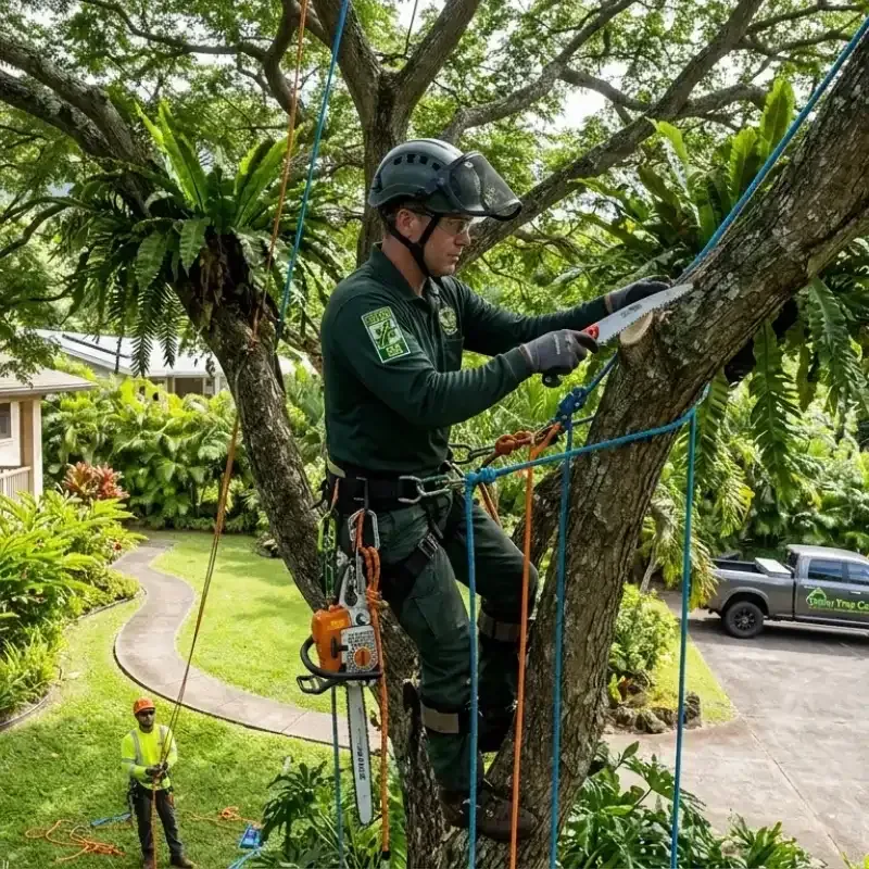 ISA certified arborist performing safe tree care in Oahu, Hawaii, ensuring healthy trees and protecting property through professional training and ethical practices