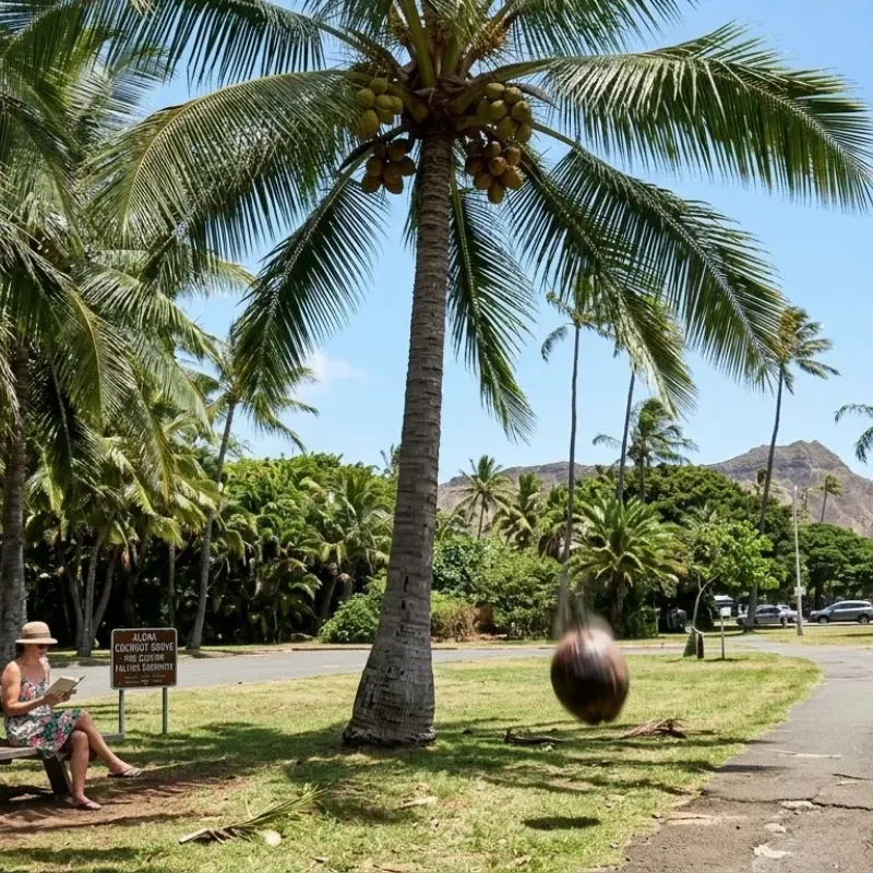 Mature coconut palm in Oahu dropping coconuts near public walkway