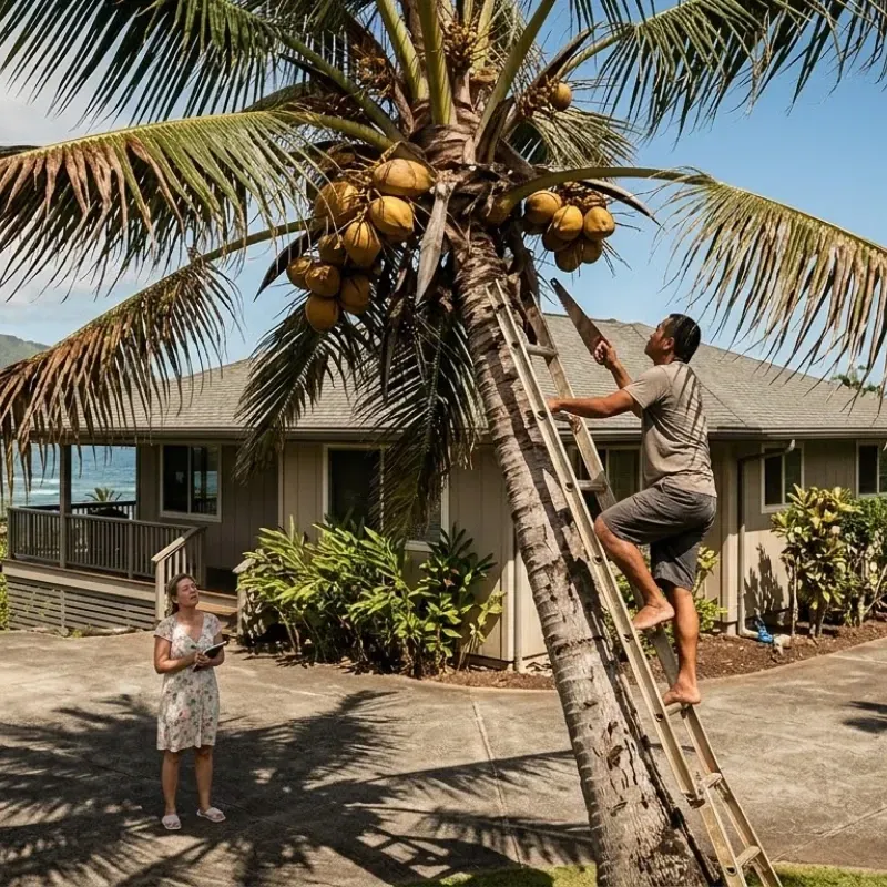 Oahu coconut tree maintenance mistakes showing cracked palm fronds and leaning tree