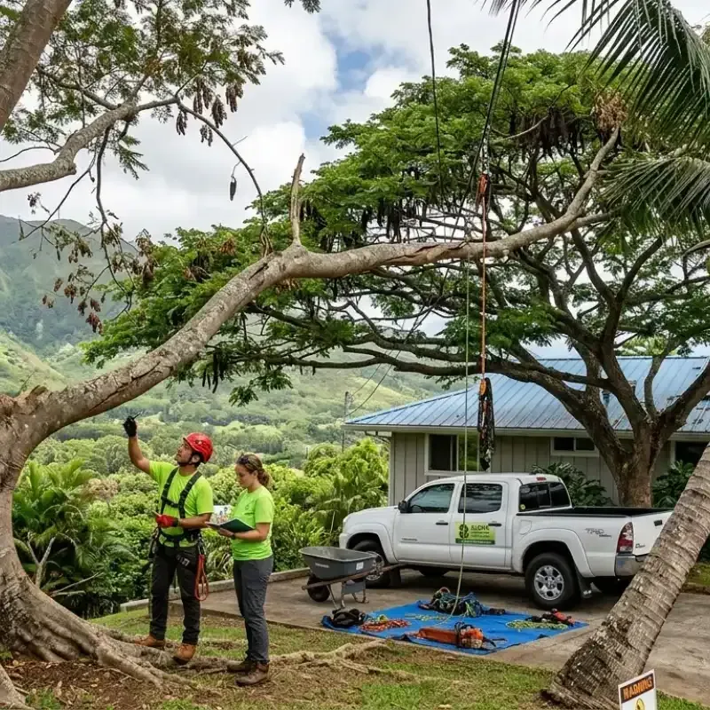 Oahu high-risk albizia tree with brittle branches during windstorm