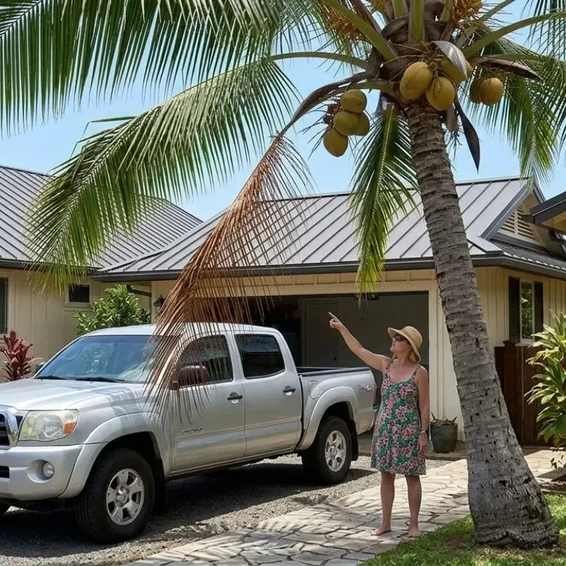 Oahu property with coconut palm tree posing fruit drop risk, highlighting maintenance needs for homeowners in Honolulu, Hawaii