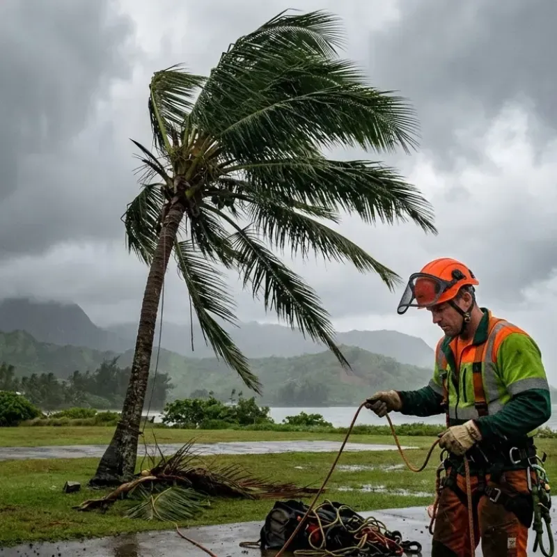 Oahu tree leaning from trade winds, showing asymmetrical growth and wind loading stress