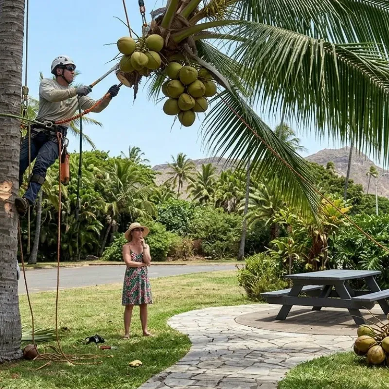 Oahu tree trimming and removal expert safely maintaining coconut palms to balance aesthetics and property protection