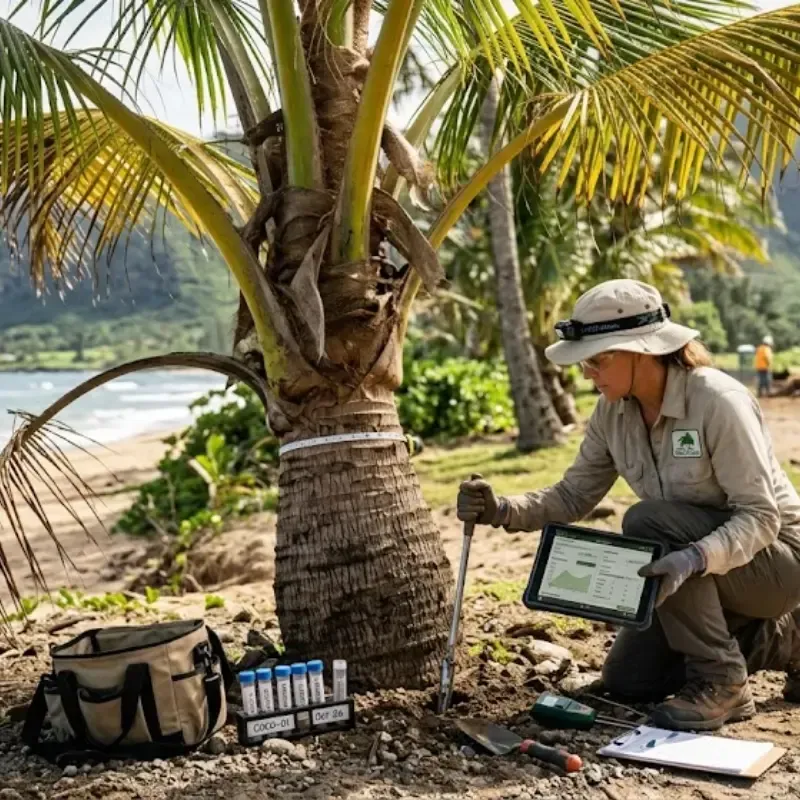Professional coconut palm tree assessment in Oʻahu Hawaii showing frond discoloration, crown density evaluation, and soil condition analysis