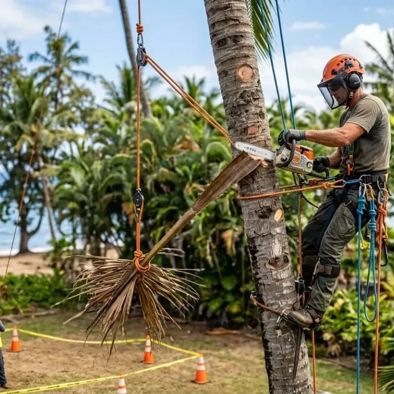 Professional coconut tree trimming service in Hawaii using rigging system for safe branch removal