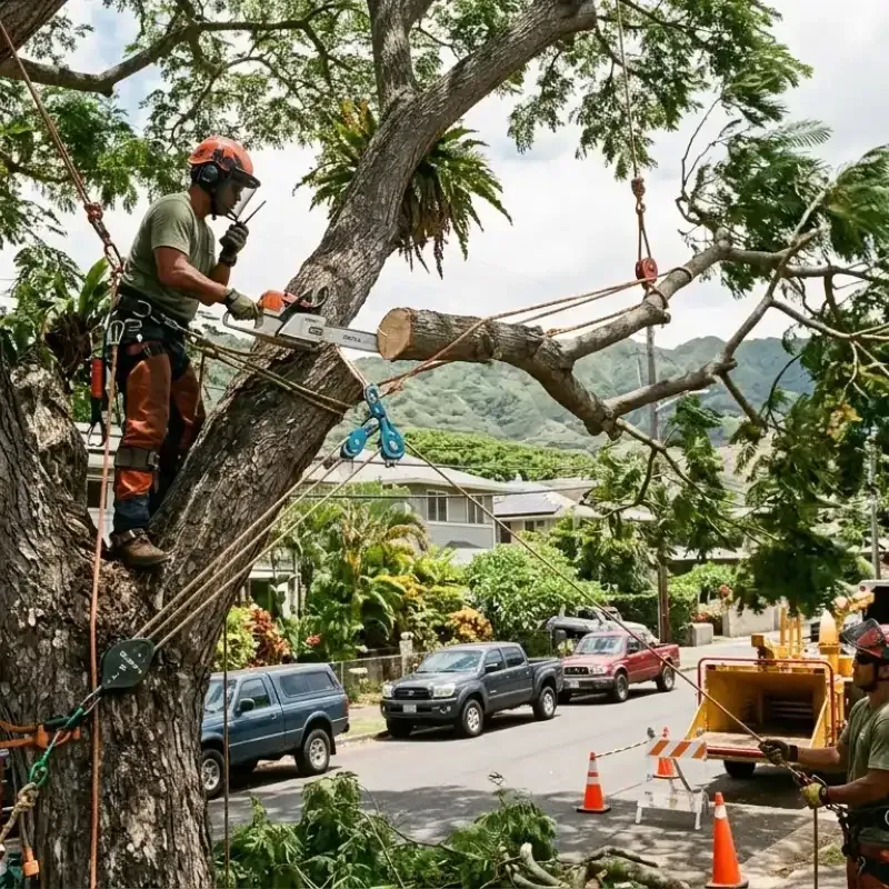 Professional tree climber using rigging techniques to safely remove hazardous albizia tree limbs in Oahu, Hawaii, preventing damage to homes and ensuring crew safety