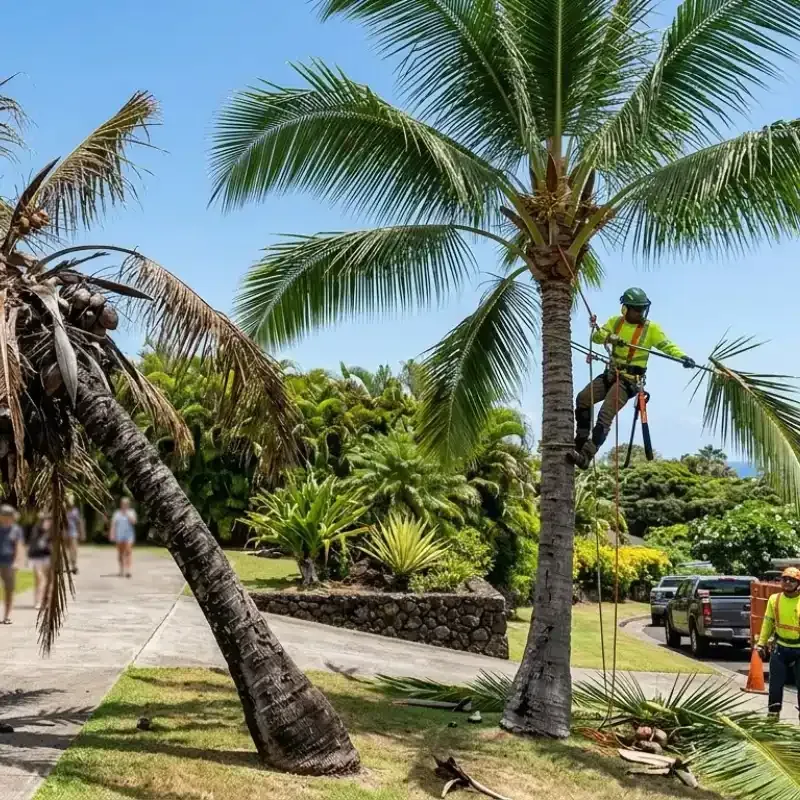Seasonal tree maintenance in Aiea Hawaii, showing professional arborist trimming healthy trees to prevent uneven growth and structural damage caused by inconsistent care.