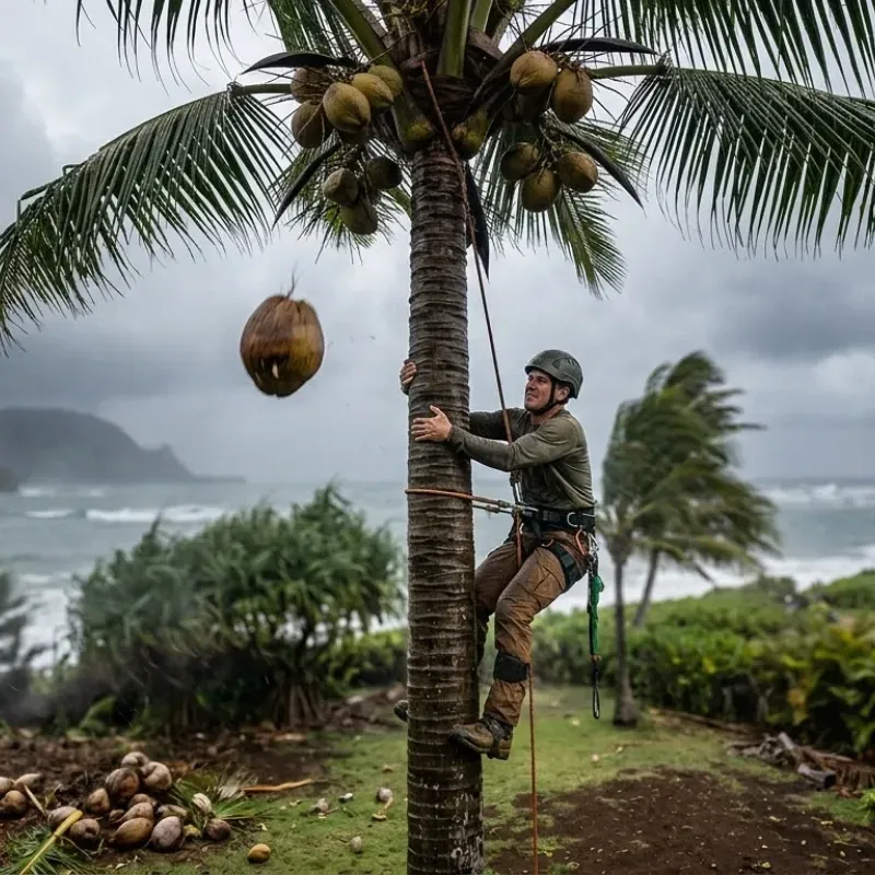 Slippery coconut tree trunk in humid Hawaiʻi showing climbing danger and fall risk