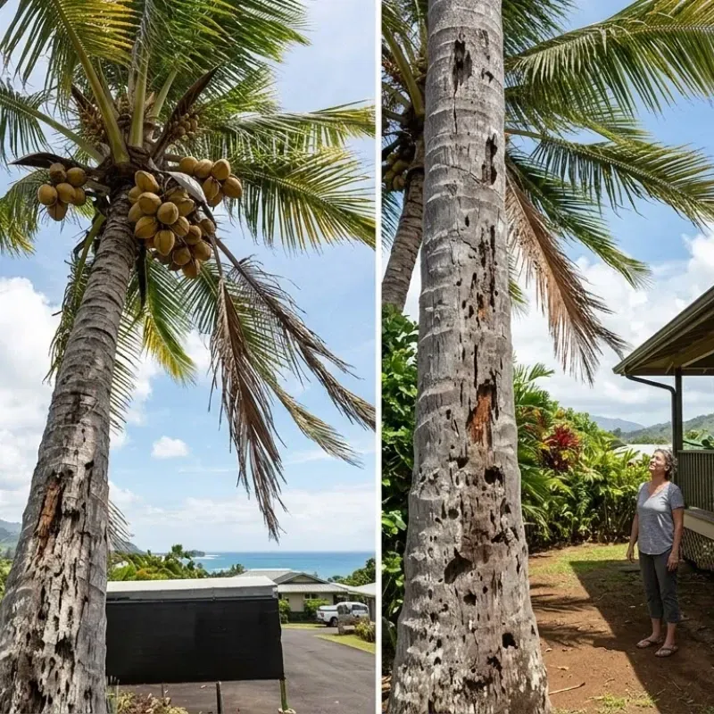 Tall coconut palm tree in Oahu showing structural risks from wind, salt, and humidity, posing danger to homes and pedestrians