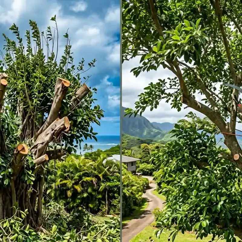 Tree pruning services in Hawaii showing certified arborist performing selective thinning on tropical tree canopy to improve airflow, reduce storm damage risk, and maintain healthy tree structure without topping or over-pruning