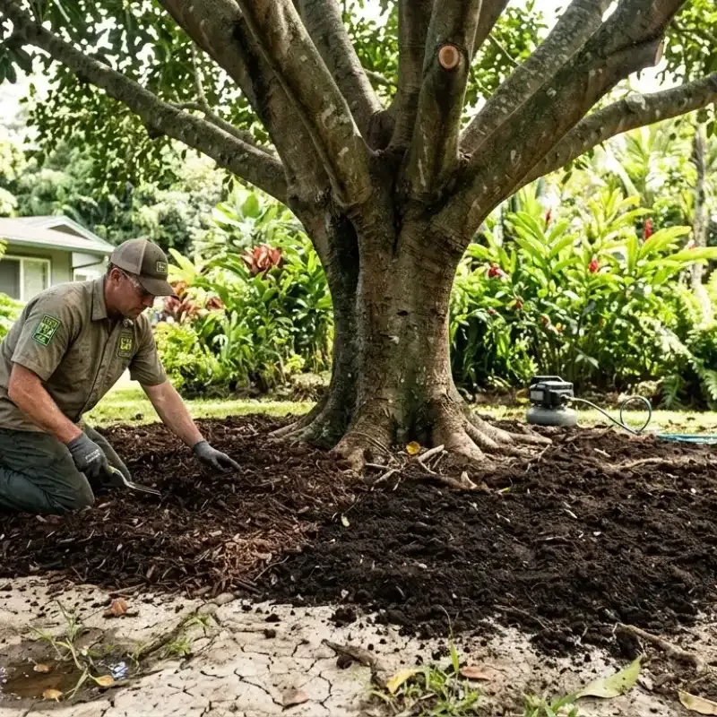 Tree root zone protection service in Oahu HI with soil aeration and mulching by certified arborist
