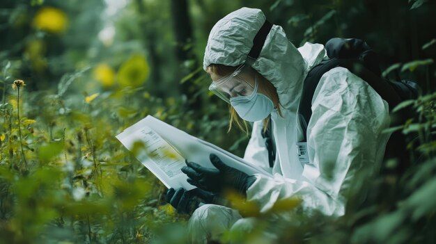 woman wearing protective gear examining  documents forest