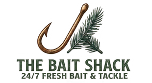 The Bait Shack logo with a fish hook and pine sprig, plus “24/7 Fresh Bait & Tackle” text