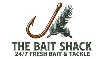 The Bait Shack logo with a fish hook and pine sprig, plus &ldquo;24/7 Fresh Bait & Tackle&rdquo; text