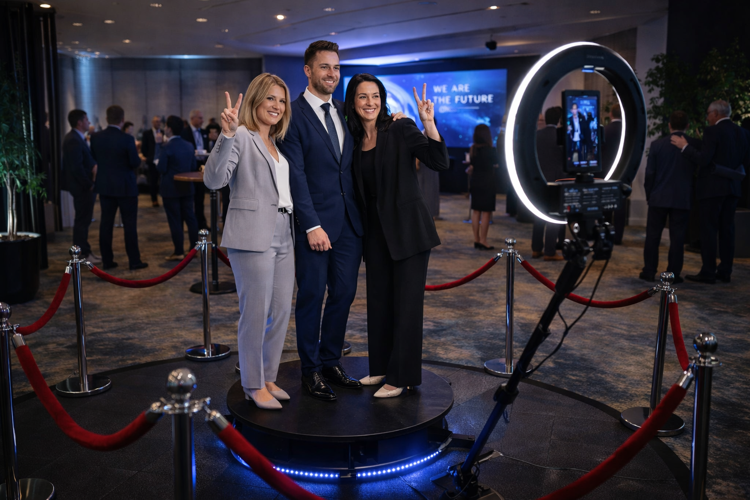 Three people posing on a lit platform at an event, with a ring light and red velvet stanchions behind them.