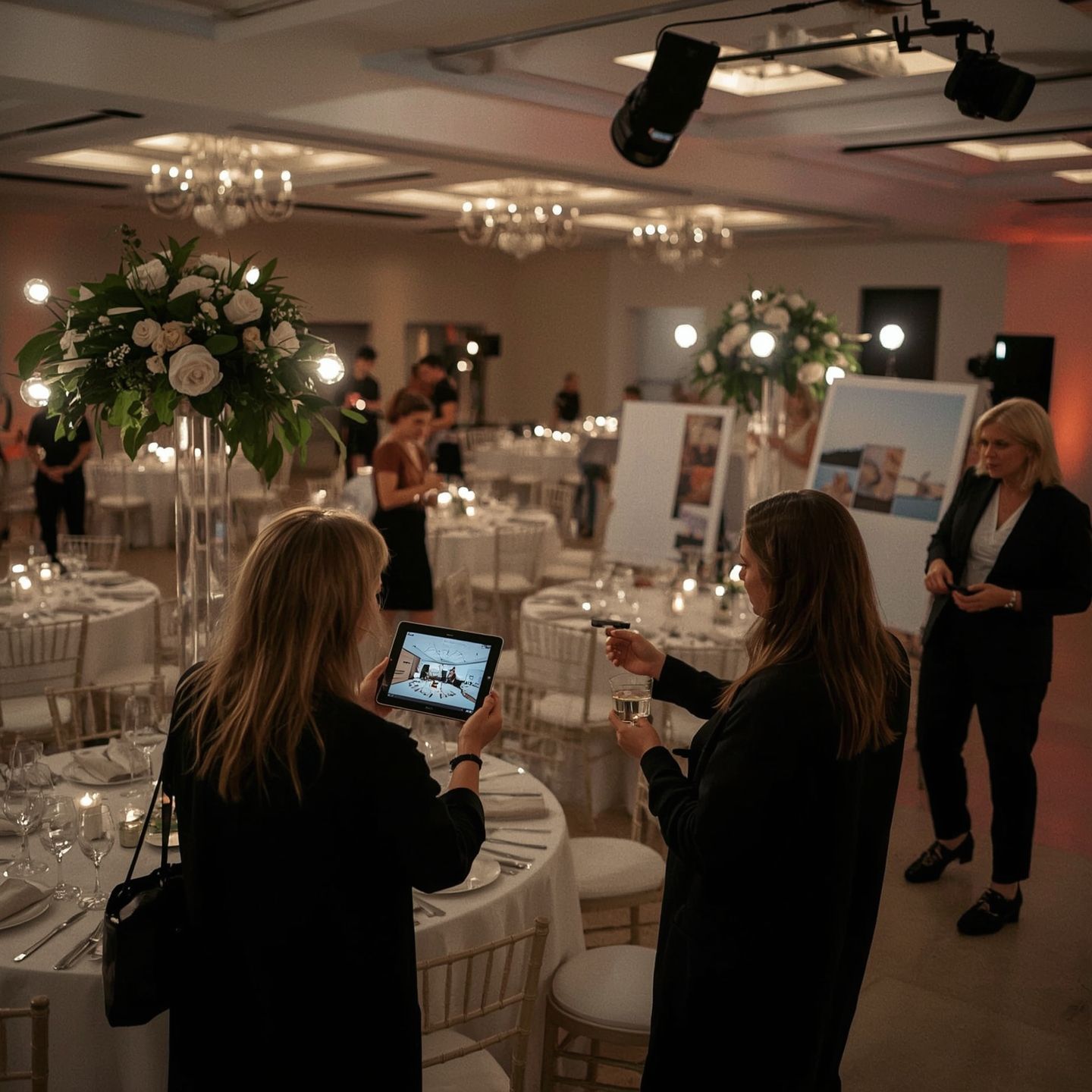 Elegant banquet hall with floral centerpieces, set tables, and guests mingling during a formal event