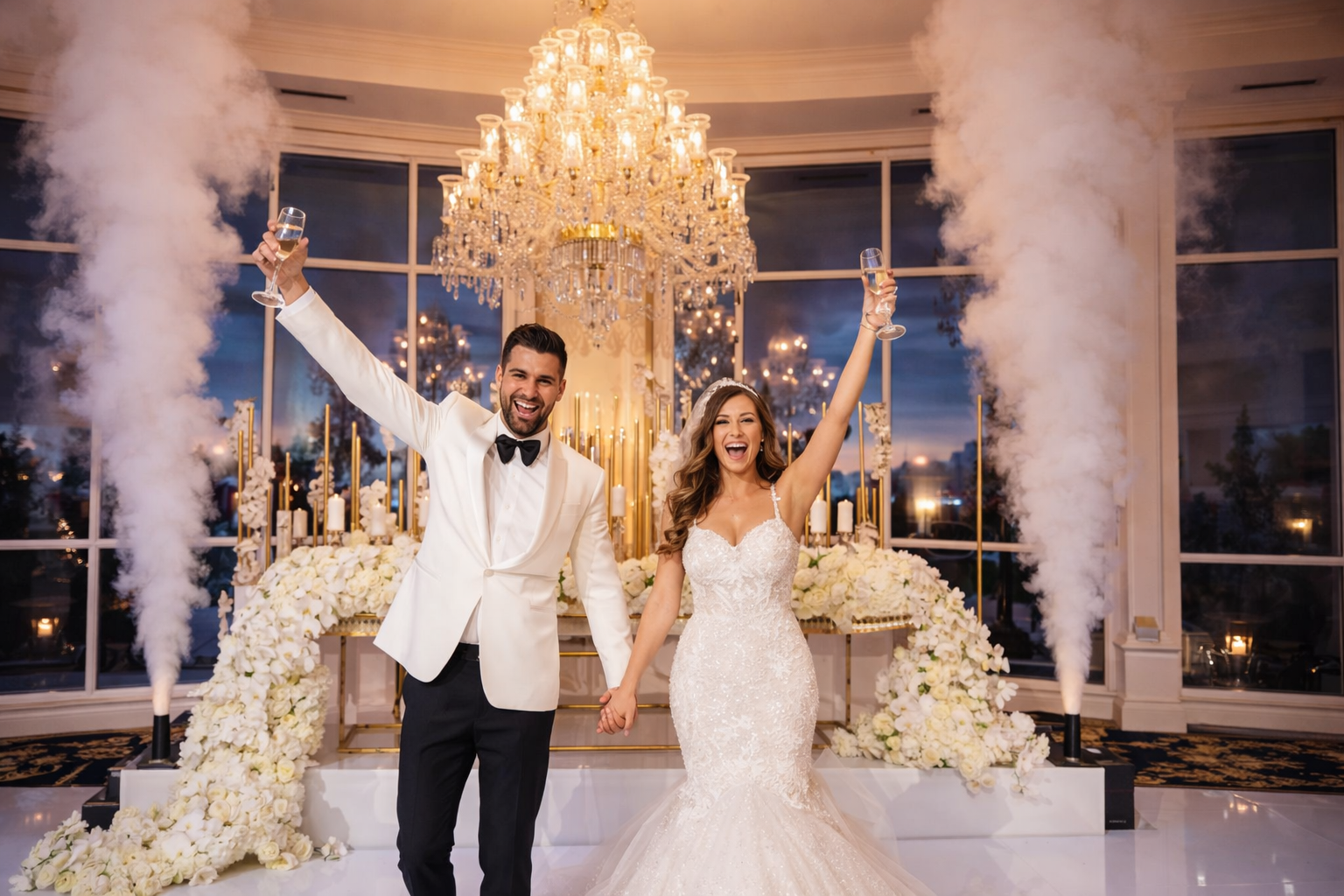 Bride and groom celebrating with raised arms beneath a chandelier at an elegant wedding reception