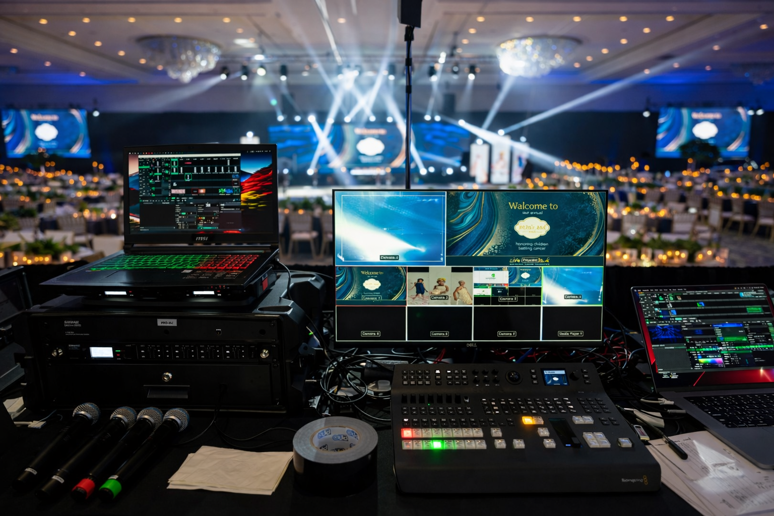Video production control booth with multiple monitors overlooking a brightly lit conference hall