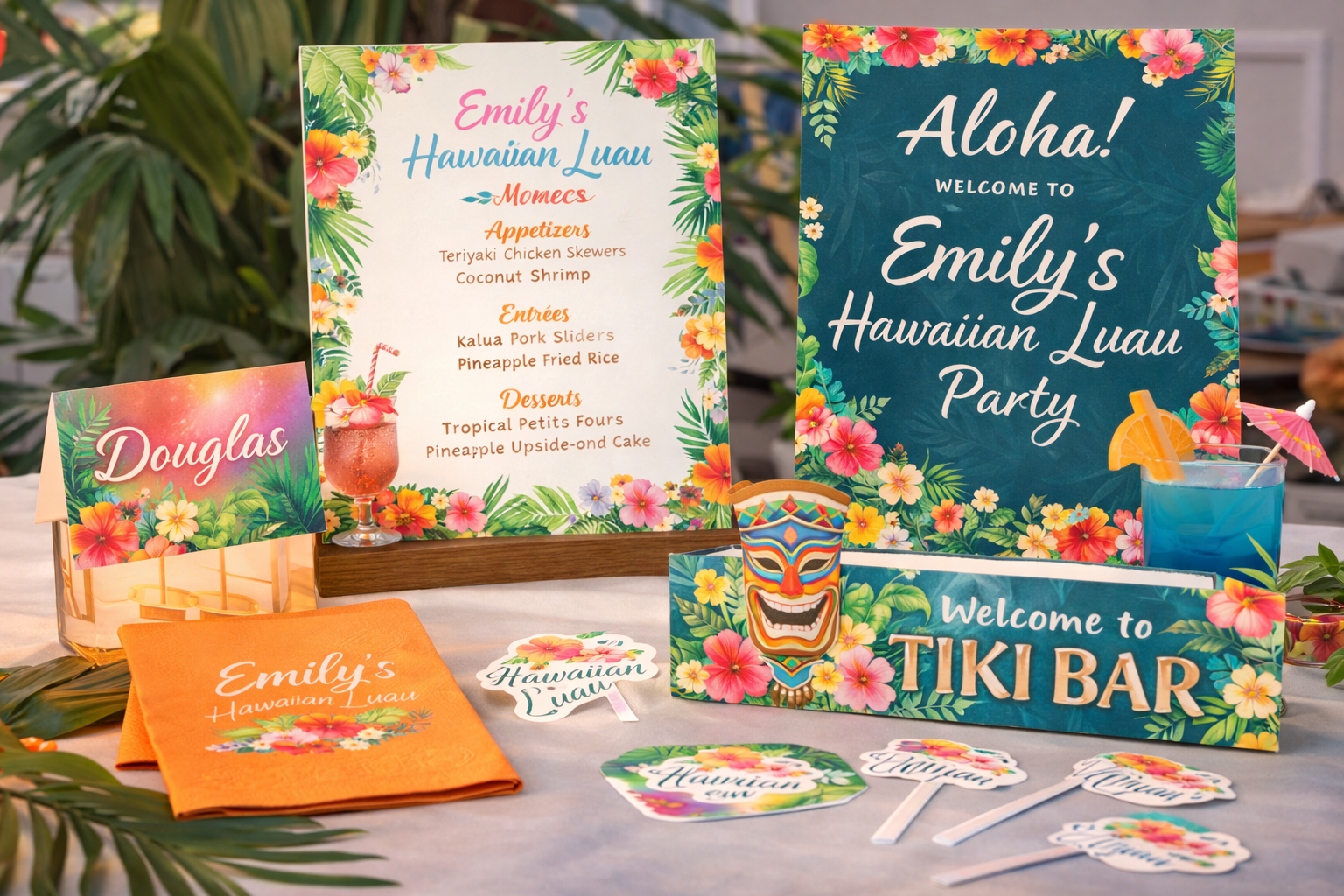 Tropical Hawaiian party welcome table with colorful signs, tiki decor, leis, and menu cards