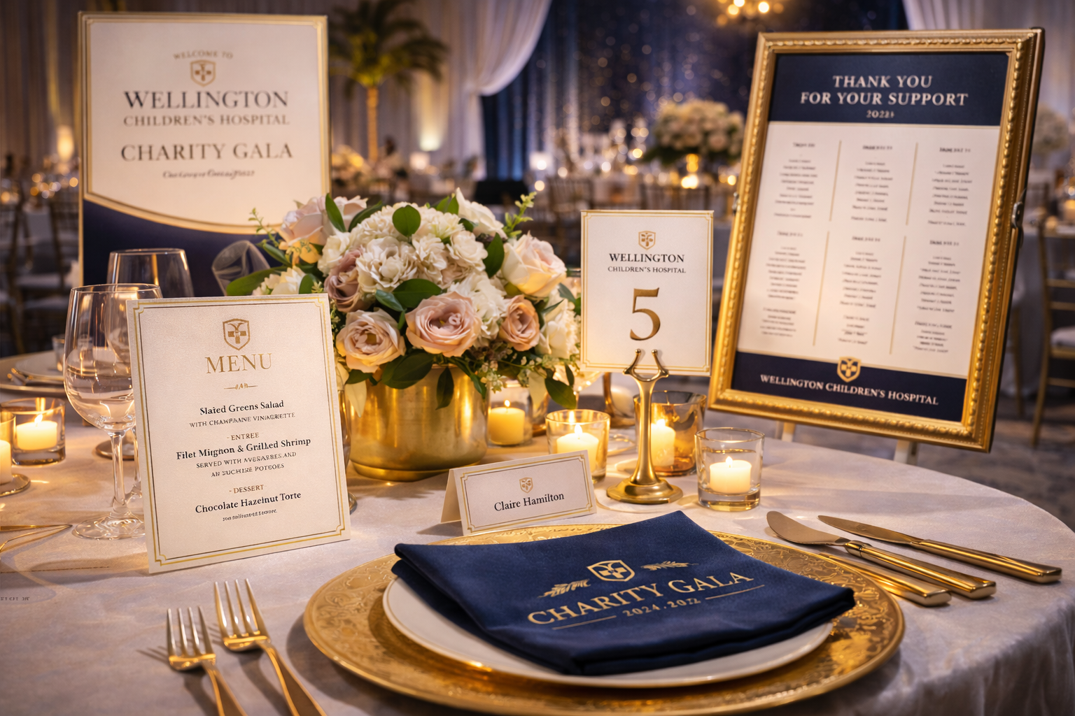 Elegant charity gala table setting with gold accents, floral centerpiece, menus, candles, and table number 5