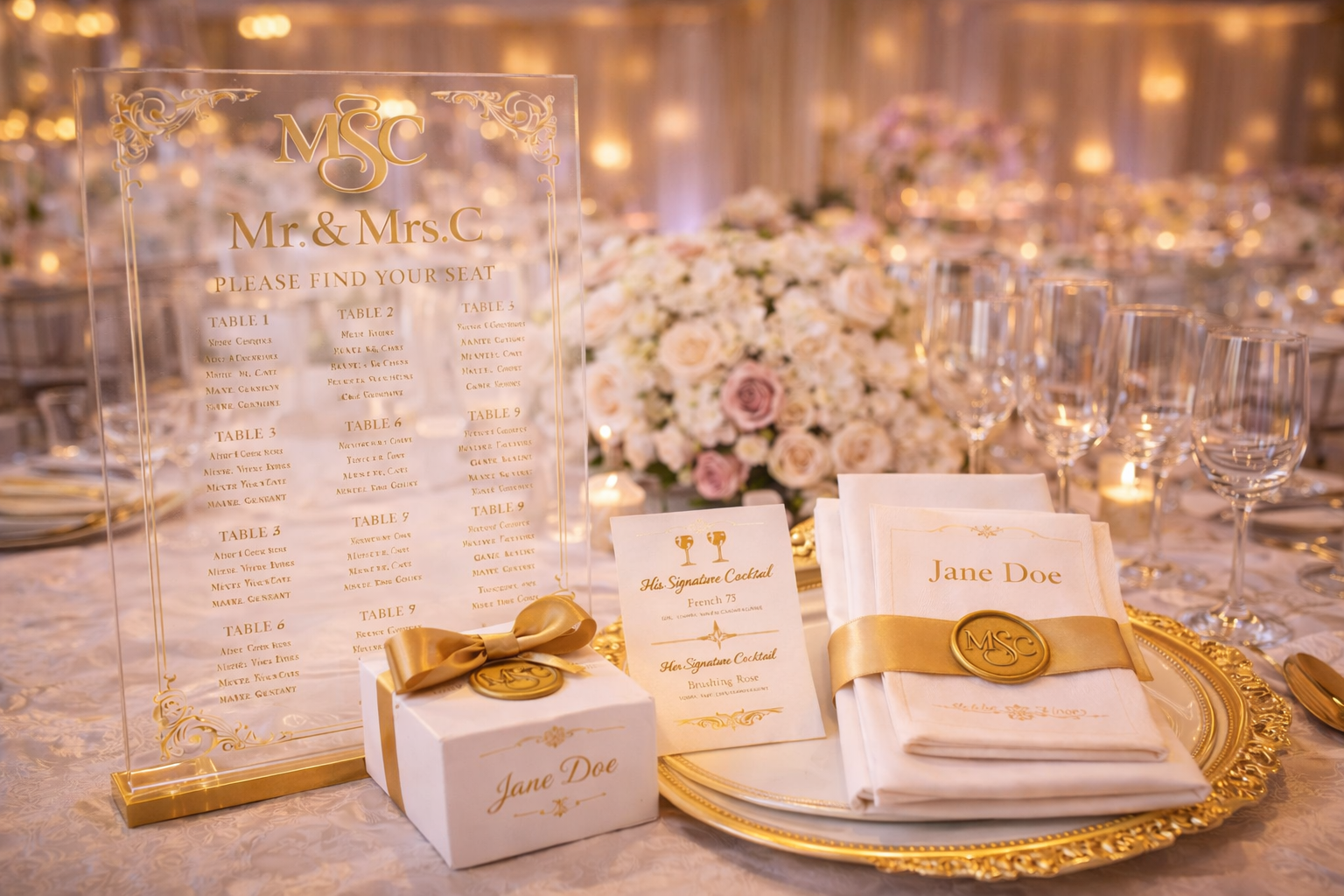 Elegant wedding reception table with gold accents, candles, menus, place cards, and floral centerpieces