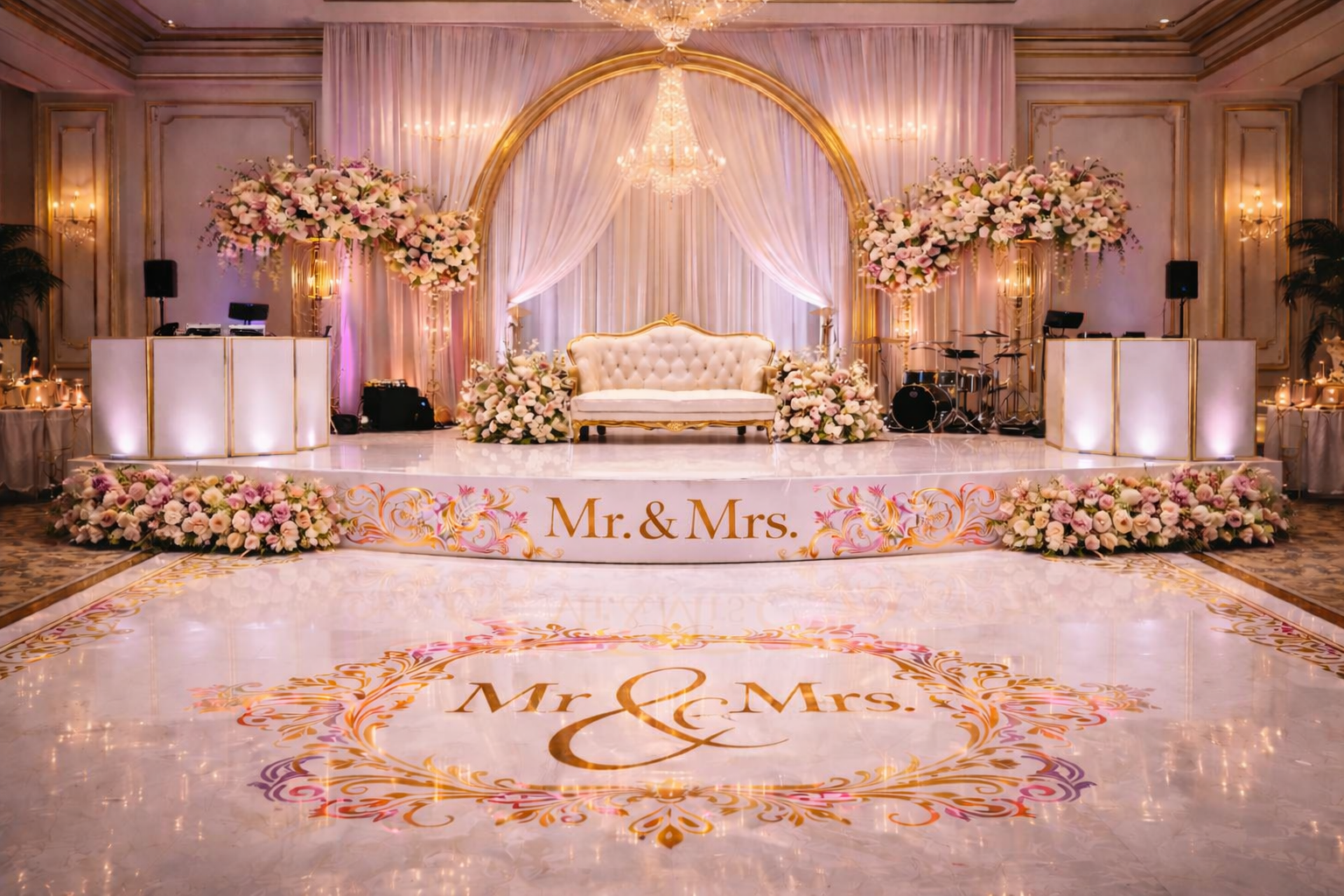 Elegant wedding stage with floral arch, white sofa, candles, and pink-gold “Mr. & Mrs.” decor